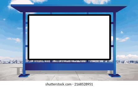 Bus stop and blank board vector for your text , copy space and other. Blank board on marble floor and cityscape background. copy space mockup template display.