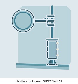 Bus stop bracket arm drawn in ocean deep colours, a plain round disc carried out on a short arm held by clamp bands, over a glazed display case fixed to the upright. Flat geometric vector art for service change notices and seasonal running times, with every panel left blank for your own dates and wording.