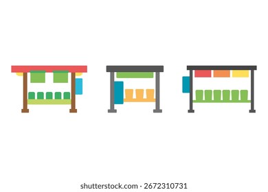 Illustrationssatz Bushaltestelle Gebäude