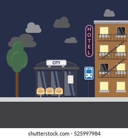 Bus stop with city background. Flat design