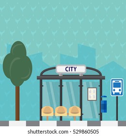 Bus stop with city background. Flat design