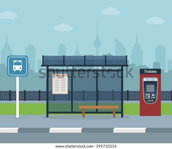 Bus stop with city background . Vector\
illustration. Flat design