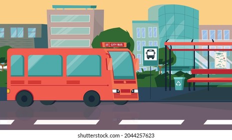 Bus stop in city concept in flat cartoon design. Bus waiting for passengers, station with bench, cityscape. Modern public urban transport, infrastructure. Vector illustration horizontal background