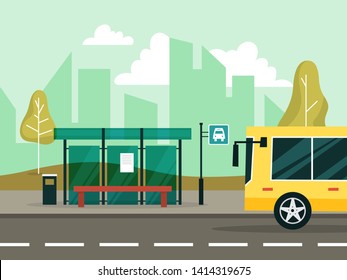 Bus Stop In The City. Idea Of Transportation. City View On Summer. Shelter From The Rain And Bench. Vector Illustration In Cartoon Style