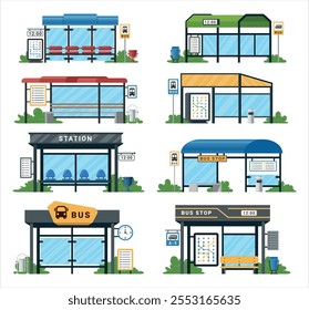 Ônibus parar cidade infraestrutura de transporte de passageiros conjunto isométrico vetor ilustração. Abrigo de transporte público urbano construção de transporte público urbano com banco de bancos de cobertura horário agendar arbustos e lata de lixo