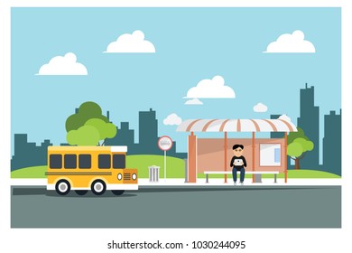 bus stop in city park with passenger, vector illustration