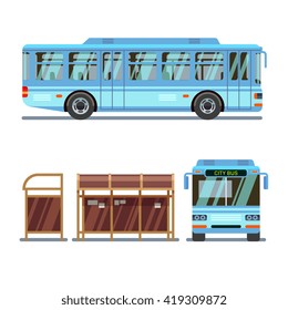 Bus stop and city bus. Stop for bus city, transport bus for passenger travel. Vector illustration