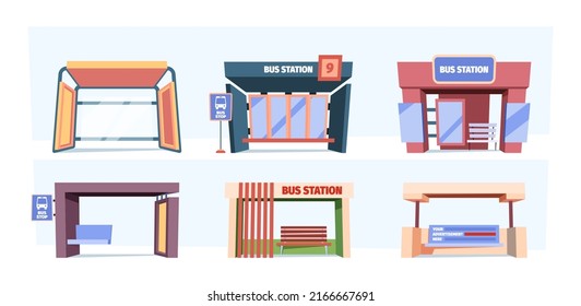 Bus stop. City transport station municipal constructions garish vector urban templates