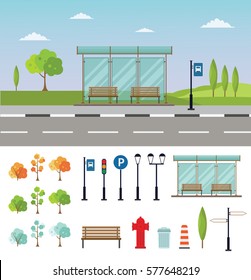 Bus stop cityscape flat vector illustration background set