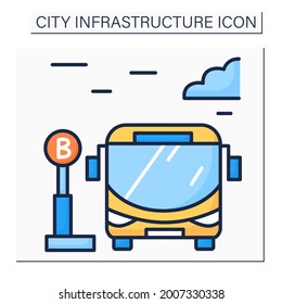 Bus Stop Color Icon. Bus Waiting For Passengers Outside. Urban And Suburban Transit. Outline Drawing. City Infrastructure Concept. Isolated Vector Illustration