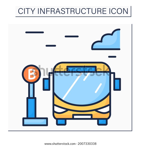 Bus stop color icon. Bus\
waiting for passengers outside. Urban and suburban transit. Outline\
drawing. City infrastructure concept. Isolated vector\
illustration