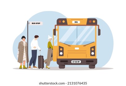 Bus stop concept. Men with cases and girls enter car. Travel around city and between cities. Travel and transport for population. Travelers or tourists on vacation. Cartoon flat vector illustration