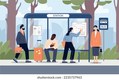 Bus stop concept. Men and women waiting for vehicle to travel around city, building route. Citizens waiting for public transport. Poster or banner for website. Cartoon flat vector illustration