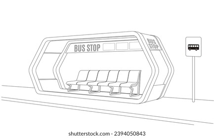 Concepto de parada de autobús, refugios de autobuses, Ilustración de vectores de línea aislada, eps