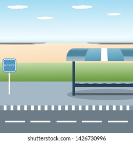 Bus stop design in with view sea beach flat vector illustration background