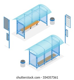 A bus stop is a designated place where buses stop for passengers to board or alight from a bus. Flat 3d isometric vector illustration. For infographics and design.