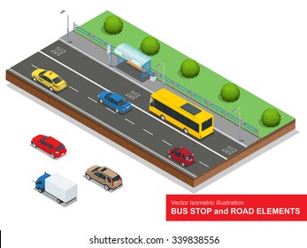 A bus stop is a designated place where buses stop for passengers to board or alight from a bus. Flat 3d isometric vector illustration. For infographics and design.