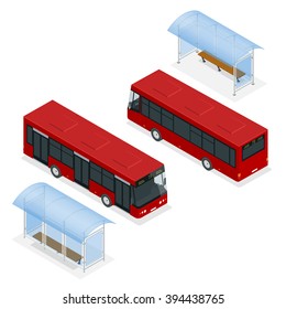 Uma parada de ônibus é um local designado onde os ônibus param para passageiros embarcarem ou desembarquem de um ônibus. Ilustração vetorial isométrica 3D plana. Para infográficos e jogos de design.