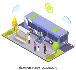 Bus stop. Disabled man in wheelchair leaving city bus using wheelchair access ramp, flat vector isometric illustration. Disabled person lifestyle. City public transport accessibility.