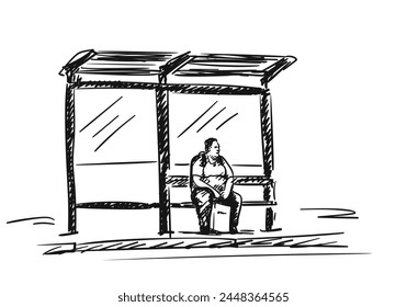Bus stop drawing, Overweight man sitting on a bench, holding a shopping bag and waiting for a bus, Hand Drawn illustration, Vector sketch