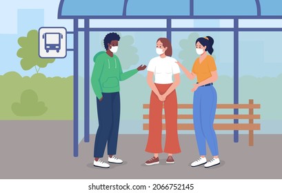 Bus Stop During Pandemic Flat Color Vector Illustration. After Covid Health Precaution To Be On Public Street. People In Face Masks Talking 2D Cartoon Characters With Cityscape On Background