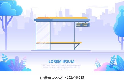 Bus stop flat banner vector template. Empty urban road cartoon illustration. Bus shelter on city skyline background. Municipal transportation system. Autobus station with bench and timetable 