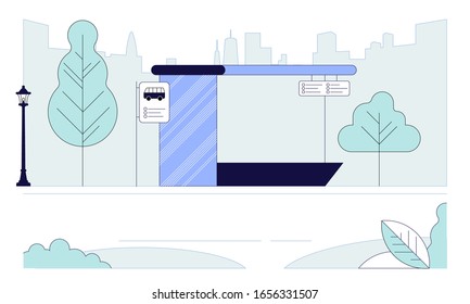 Bus stop flat banner vector template. Empty urban road cartoon illustration. Bus shelter on city skyline background. Municipal transportation system. Autobus station with bench and timetable 