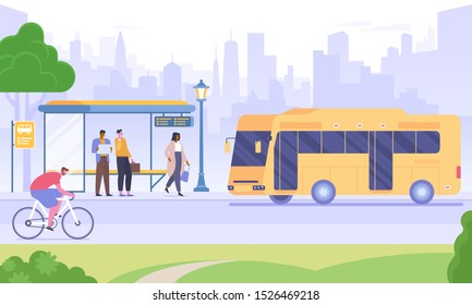 Bus Stop Flat Vector Illustration. People Waiting For Bus, Man Riding Bicycle Cartoon Characters. Urban Transportation Means. Public Transport On Skyscrapers Background. City Infrastructure