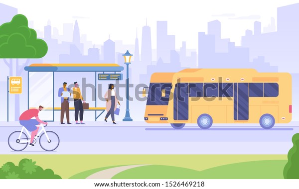 Bus stop flat vector illustration. People\
waiting for bus, man riding bicycle cartoon characters. Urban\
transportation means. Public transport on skyscrapers background.\
City infrastructure