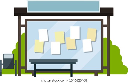 Bus stop. Glass facade and bench. Schedule of public transport. Element of urban landscape. Elements of a road sign, bushes, trash cans. Place for title and text. Cartoon flat illustration