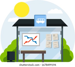 Bus stop. Glass facade and bench. Schedule of public transport. Element of urban landscape. Elements of a road sign, bushes, trash cans. Place for title and text. Cartoon flat illustration