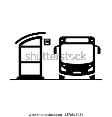 Bus and bus stop icon. Black silhouette. Front side view. Vector simple flat graphic illustration. Isolated object on a white background. Isolate.