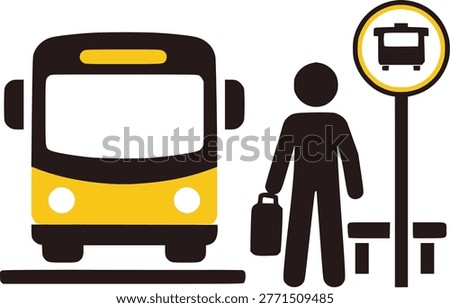 Bus stop icon with passenger and station sign.