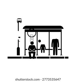 bus stop icon with passengers black silhouette on white background