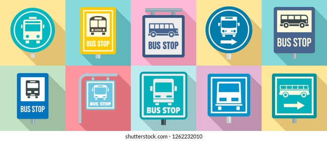 Bus stop icon set. Flat set of bus stop vector icons for web design