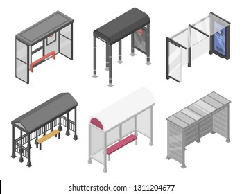 Bus stop icons set. Isometric set of bus stop vector icons for web design isolated on white background