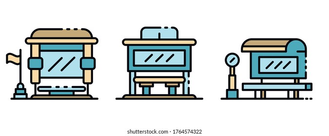 Bus stop icons set. Outline set of bus stop vector icons thin line color flat isolated on white