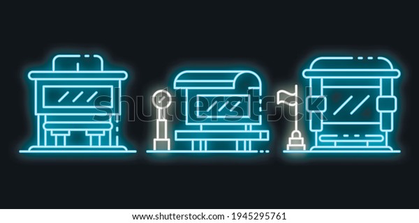 Bus stop icons set. Outline set of bus stop vector\
icons neon color on black