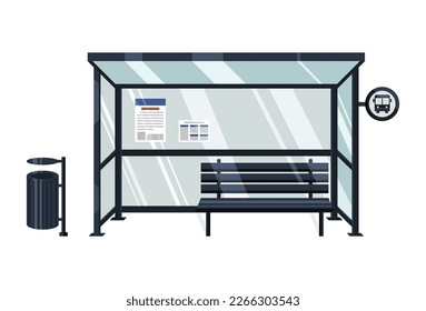 Bus Stop Illustration, Public Transport Bus Station With Trash Can