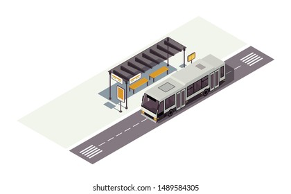 Bus Stop Isometric Color Vector Illustration. Waiting Station. Public Urban Transportation Infographic. City Transport. Town Traffic. Auto 3d Concept Isolated On White Background