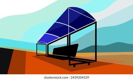 bus stop landscape, flat color illustration