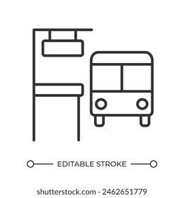 Bus stop linear icon. Public transport service. Bus station. Urban infrastructure. Public space. City mobility. Thin line illustration. Contour symbol. Vector outline drawing. Editable stroke
