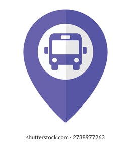 Bus stop location pin icon with bus symbol, purple and blue map marker isolated on transparent background.