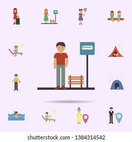 Bus stop, man cartoon icon. Universal set of travel for website design and development, app development