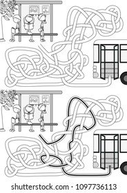 Bus stop maze for kids with a solution in black and white