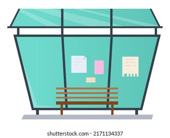 Bus stop - modern flat design style single isolated object. Neat detailed image of glass shield and bench for waiting. Place for announcements and advertisements. Urban space, city information
