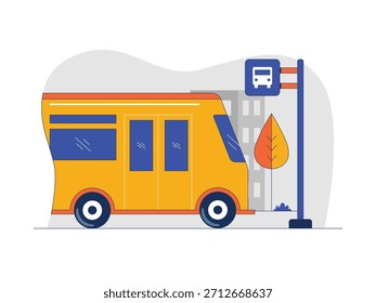 Parada de autobús para la siguiente ruta, transporte público. Diseño de personajes. Ilustración plana de Vector