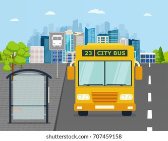 Bus at the bus stop on background of city. Transport concept of passenger transportation.