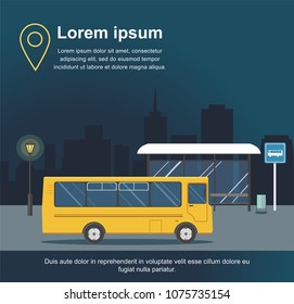 Bus at the bus stop on background of night city Vector Illuatration