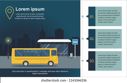 Bus at the bus stop on background of night city. Infographic vector Illuatration